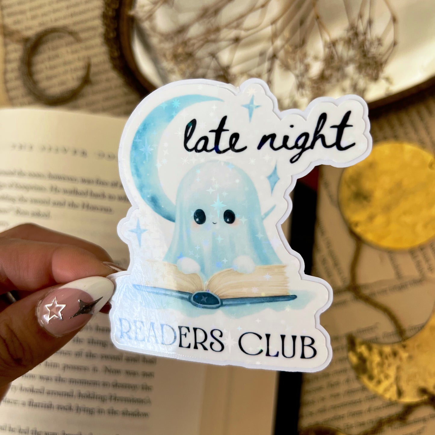 Late Night Reader Holographic Vinyl Diecut Sticker