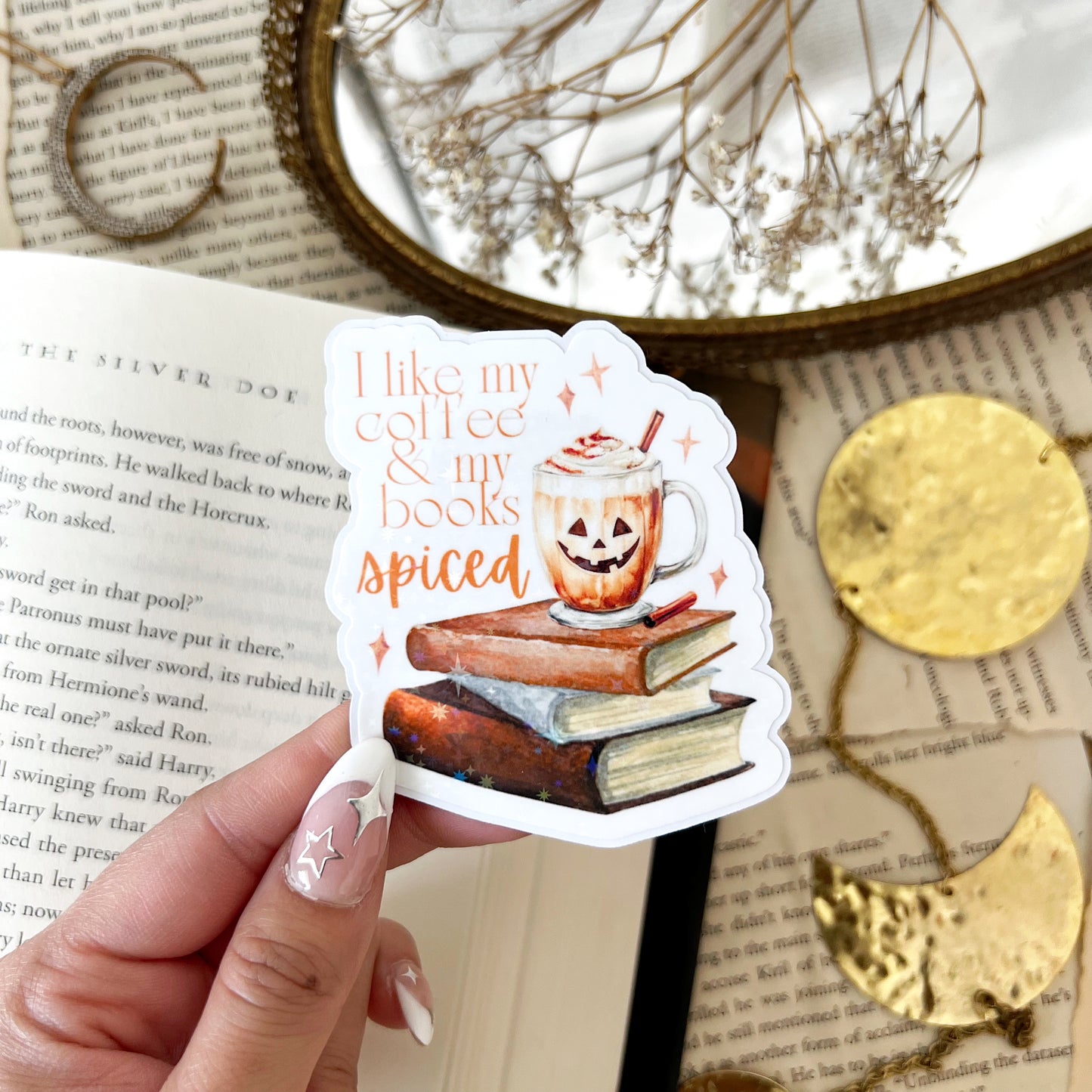 Coffee & Spicy Books Holographic Vinyl Diecut Sticker