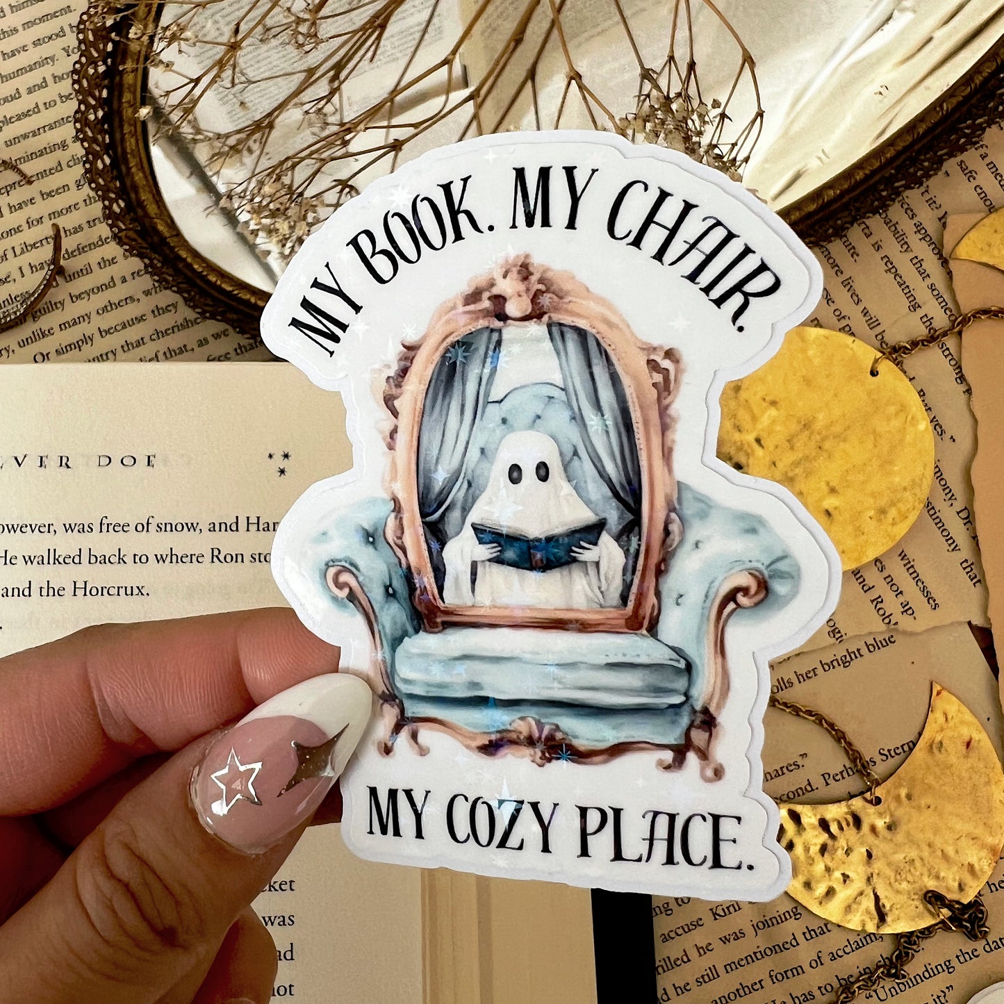 My Book. My Chair. My Cozy Place Holographic Vinyl Diecut Sticker