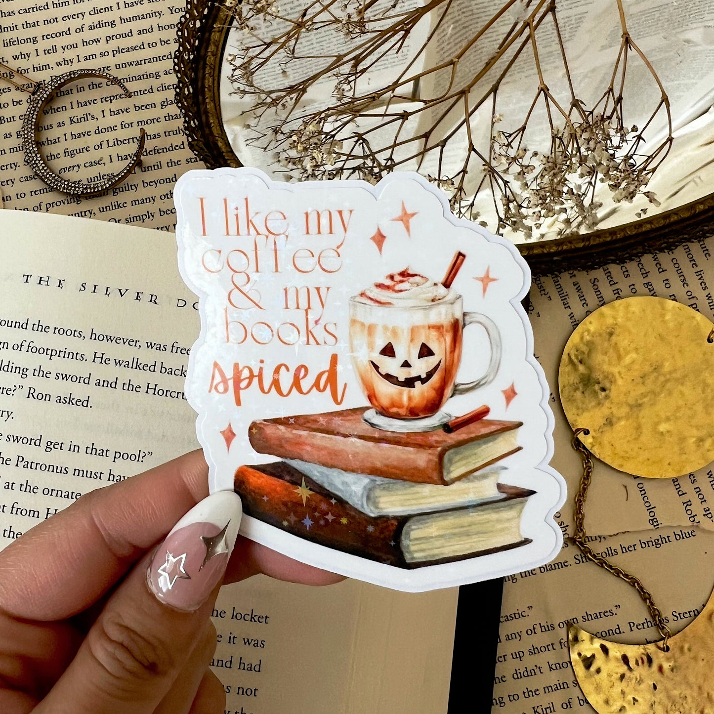Coffee & Spicy Books Holographic Vinyl Diecut Sticker