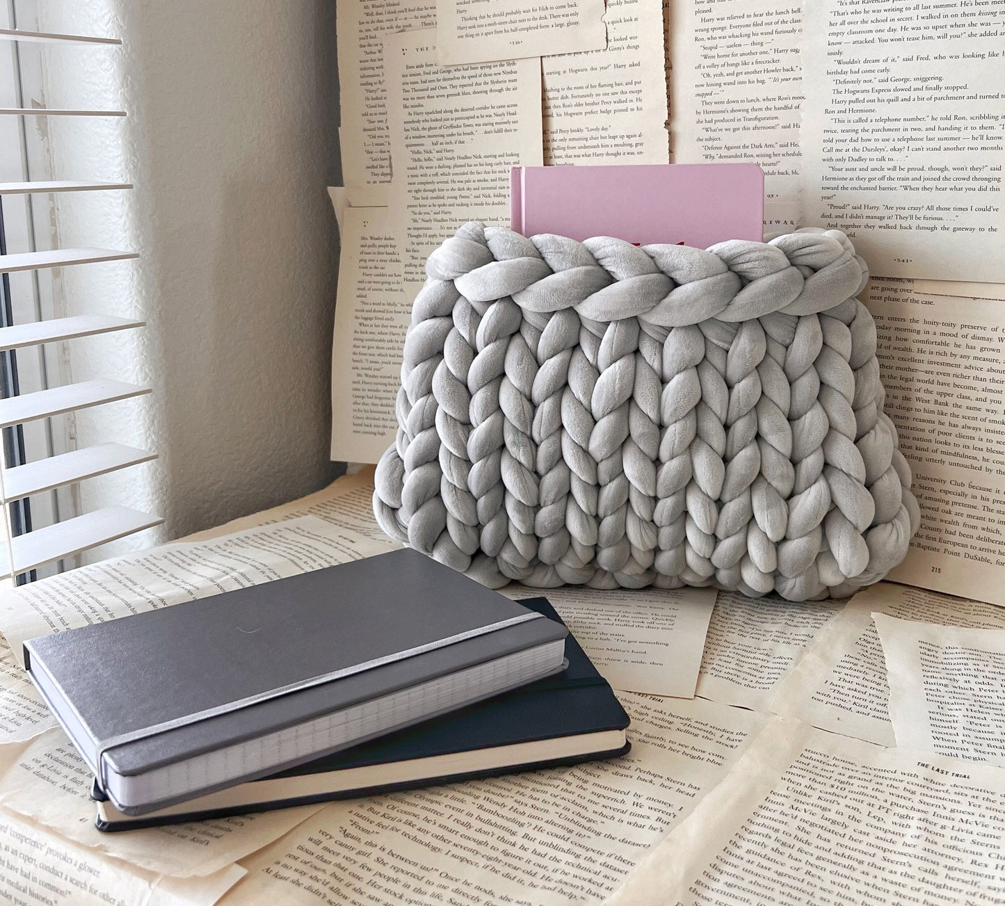 Grey Velvet Plush Chunky Knit Planner Pouch
