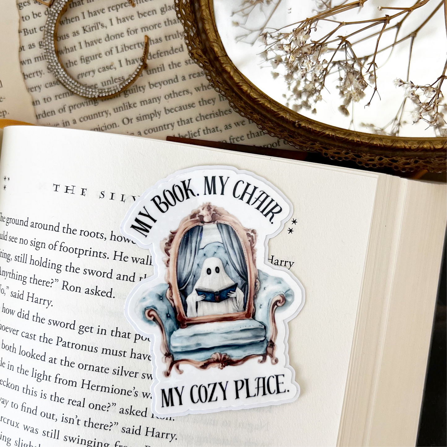 My Book. My Chair. My Cozy Place Holographic Vinyl Diecut Sticker