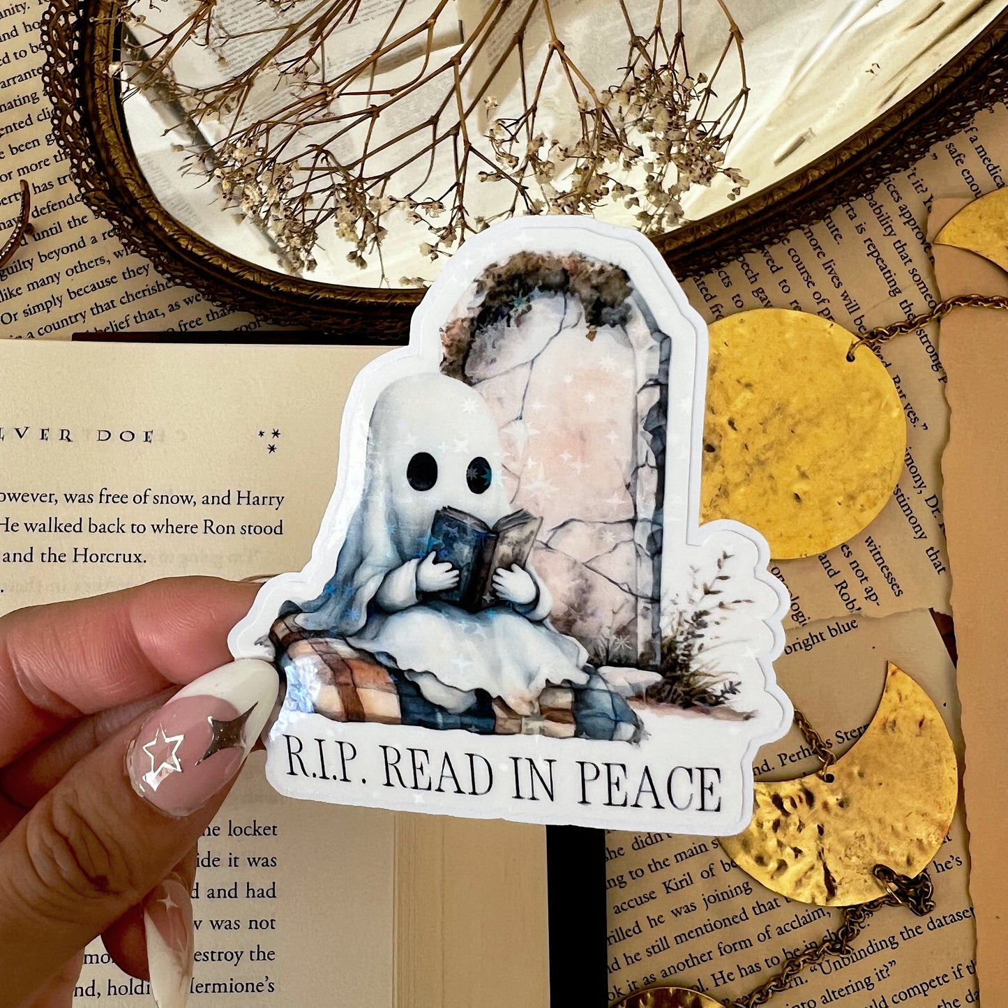 Read In Peace Ghost Holographic Vinyl Diecut Sticker