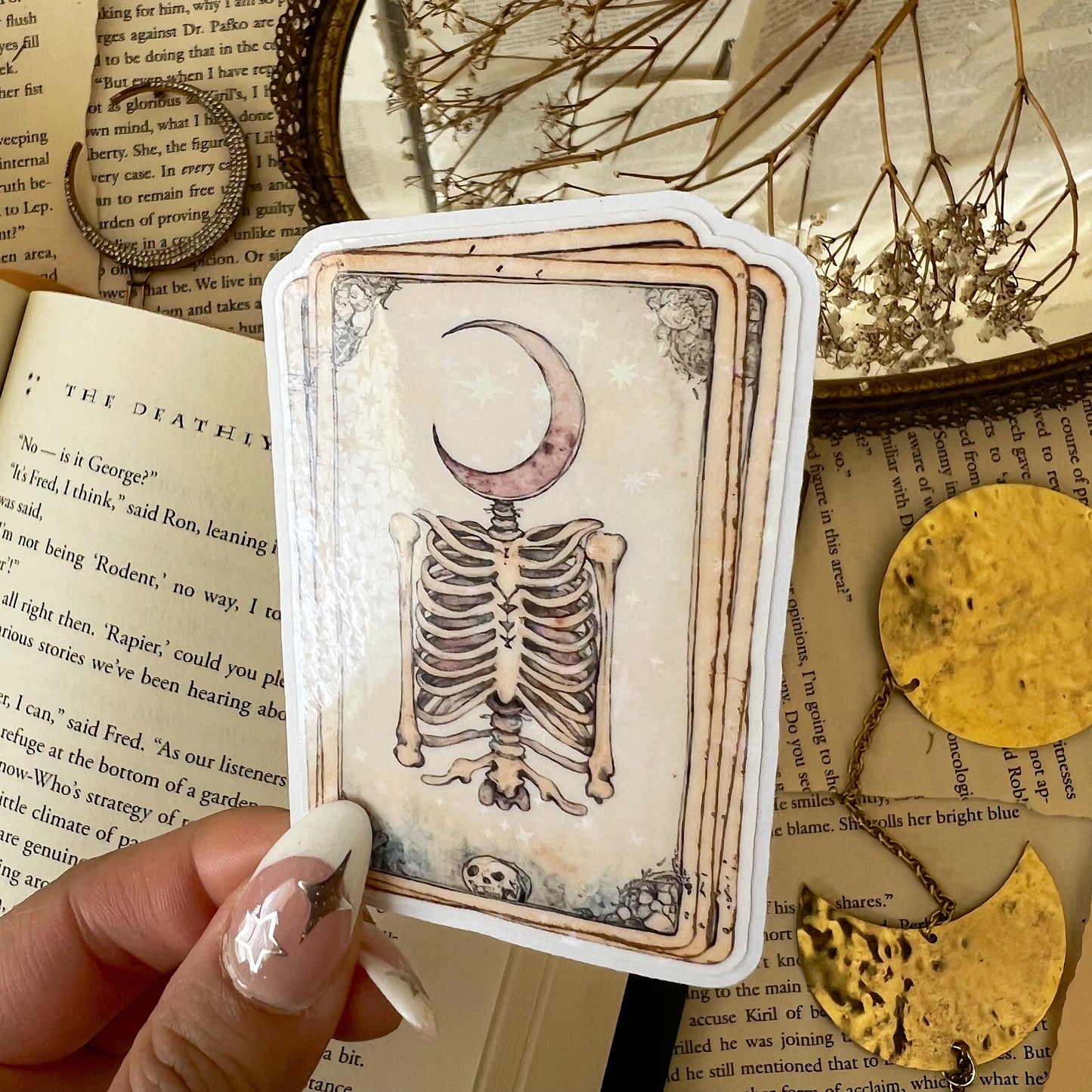 Moon Skeleton Tarot Card Holographic Vinyl Diecut Sticker