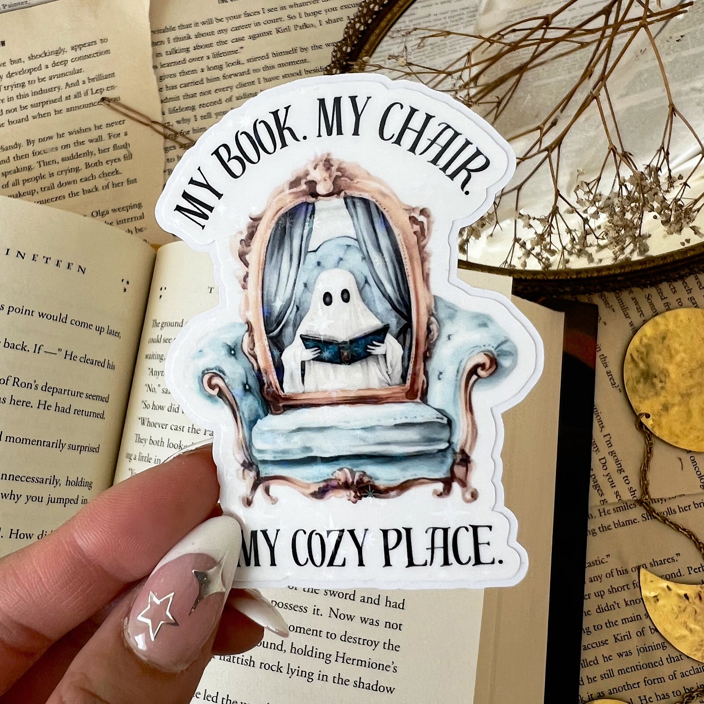My Book. My Chair. My Cozy Place Holographic Vinyl Diecut Sticker