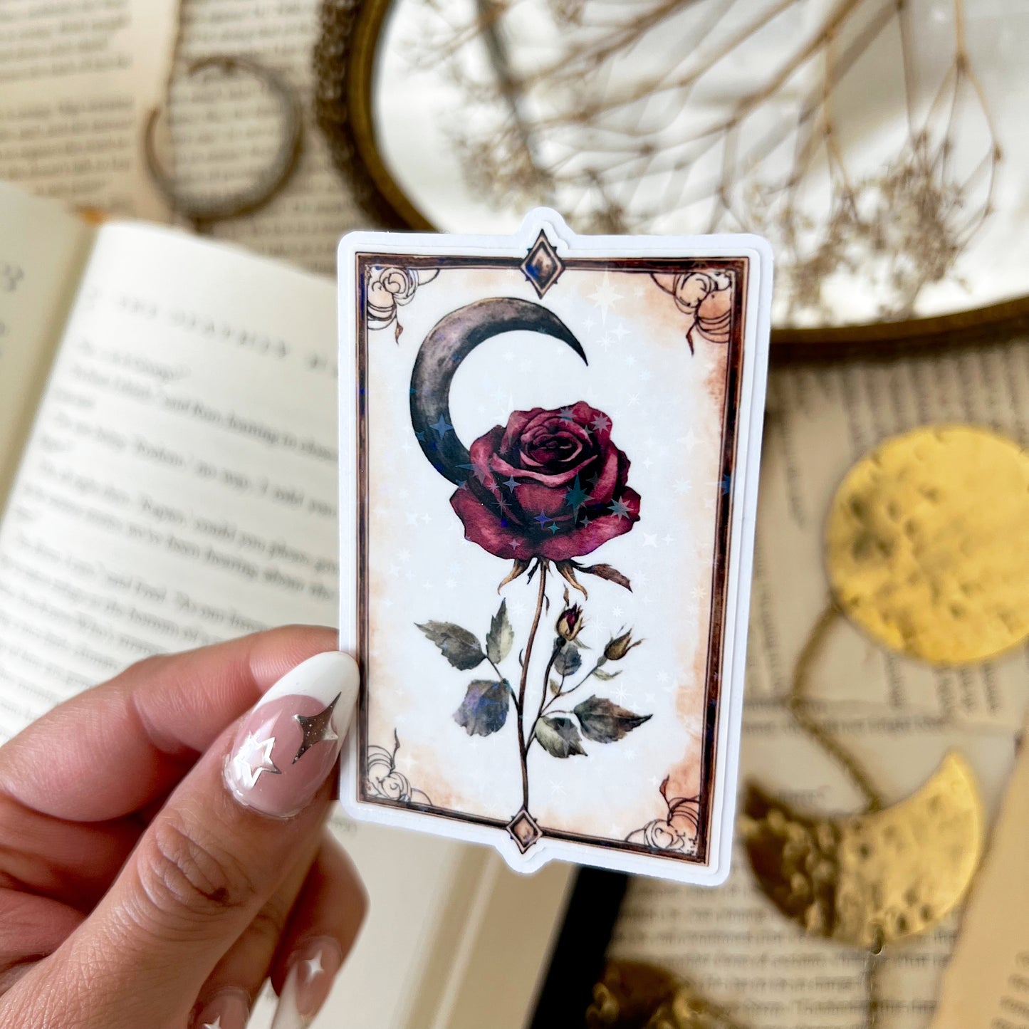 Rose & Moon Tarot Card Holographic Vinyl Diecut Sticker