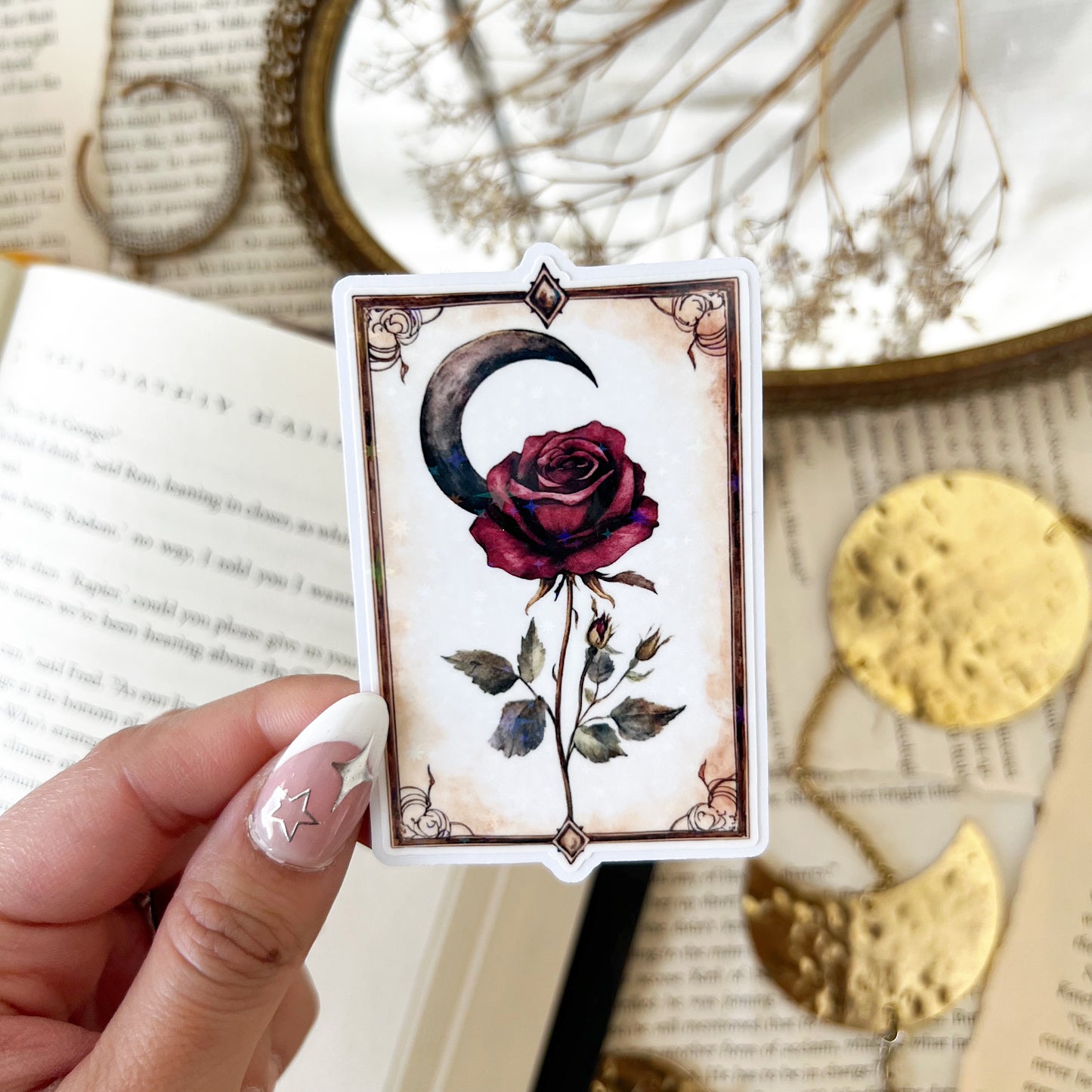 Rose & Moon Tarot Card Holographic Vinyl Diecut Sticker