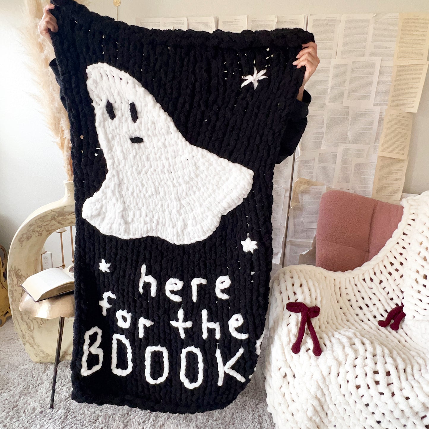 Here for the Books Ghost Chenille Chunky Knit Blanket