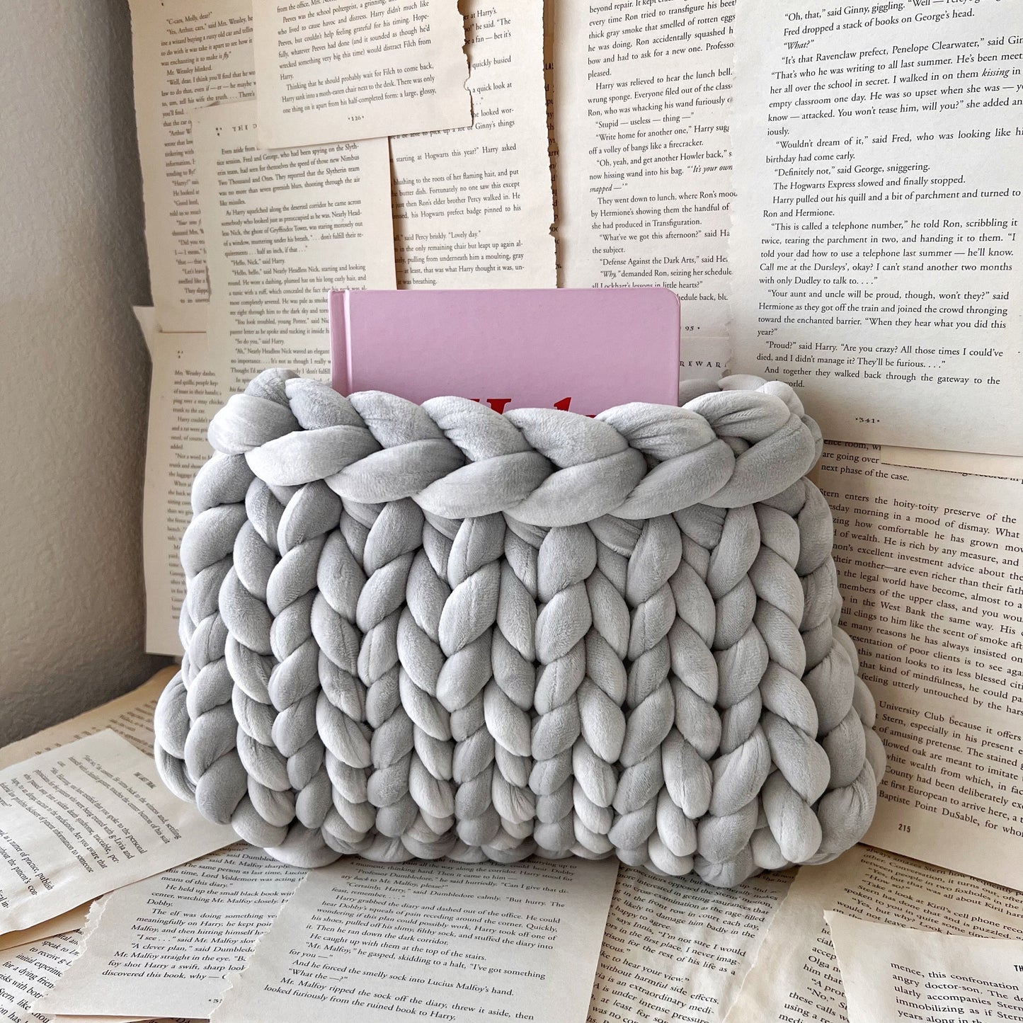 Grey Velvet Plush Chunky Knit Planner Pouch