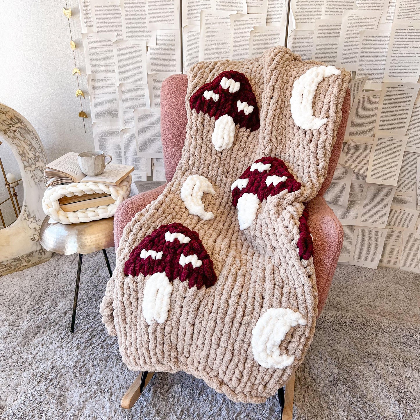 Mushroom Chunky Knit Chenille Blanket, Mushroomcore Blanket, Goblinecore Blanket