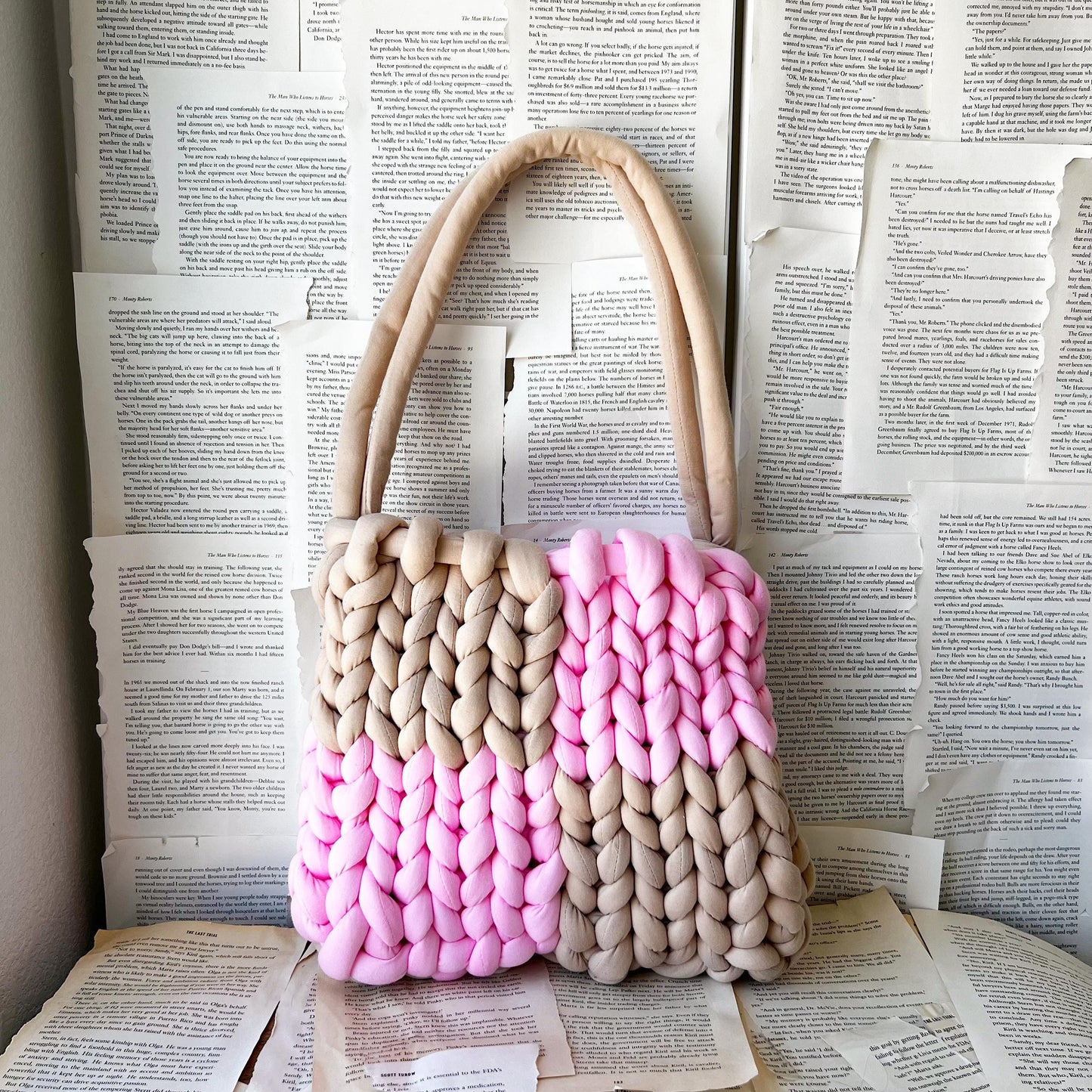 Pink and Coffee Brown Checkered Chunky Knit Bag