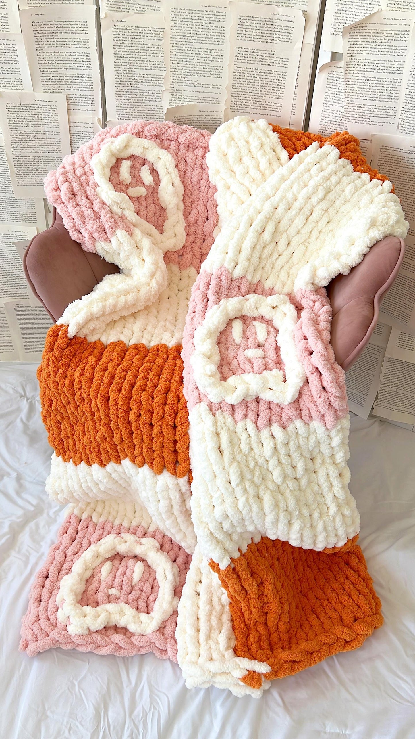 Pink & Orange Checkered Ghost Chunky Knit Chenille Blanket, Pink Halloween Blanket