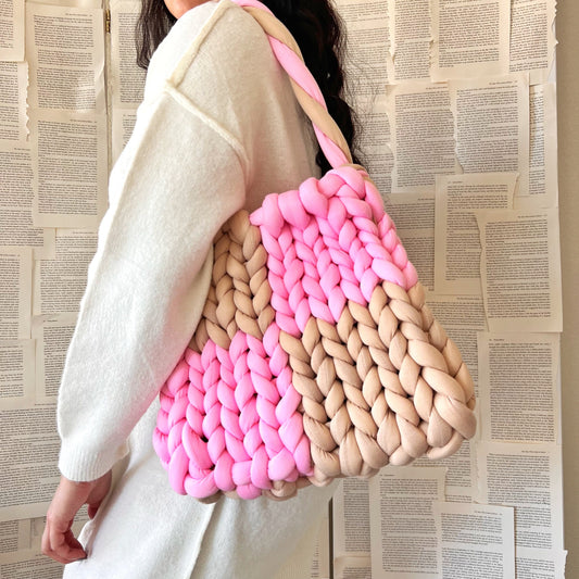 Pink and Coffee Brown Checkered Chunky Knit Bag