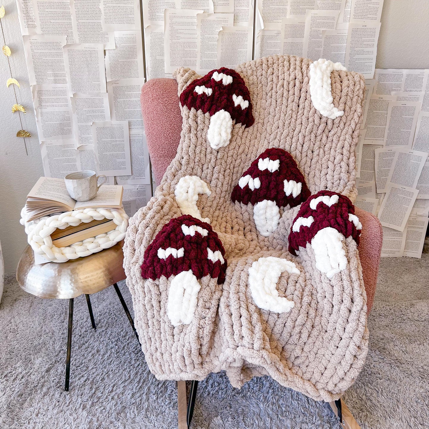 Mushroom Chunky Knit Chenille Blanket, Mushroomcore Blanket, Goblinecore Blanket