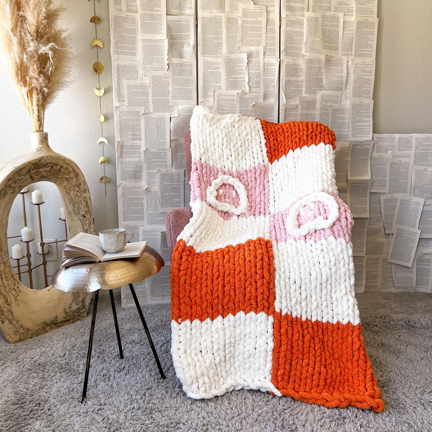 Pink & Orange Checkered Ghost Chunky Knit Chenille Blanket, Pink Halloween Blanket