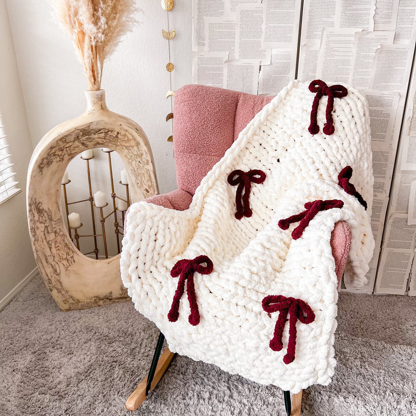 CUSTOMIZABLE Bow Chunky Knit Cozy Blanket, Soft Chenille Throw Blanket