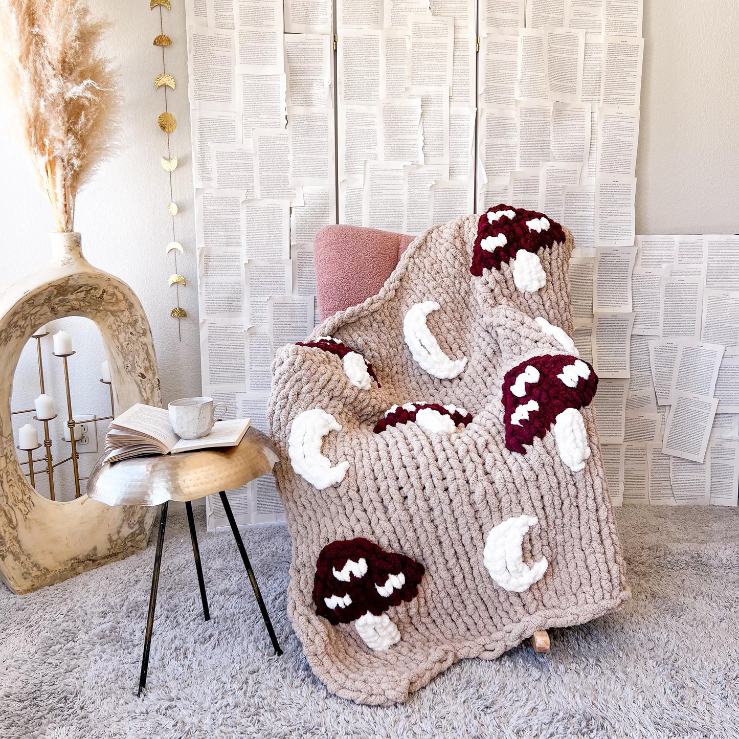 Mushroom Chunky Knit Chenille Blanket, Mushroomcore Blanket, Goblinecore Blanket