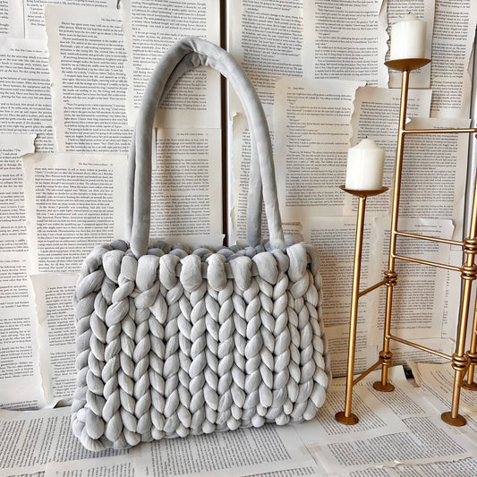 Light Grey Super Soft Velvet Chunky Knit Bag