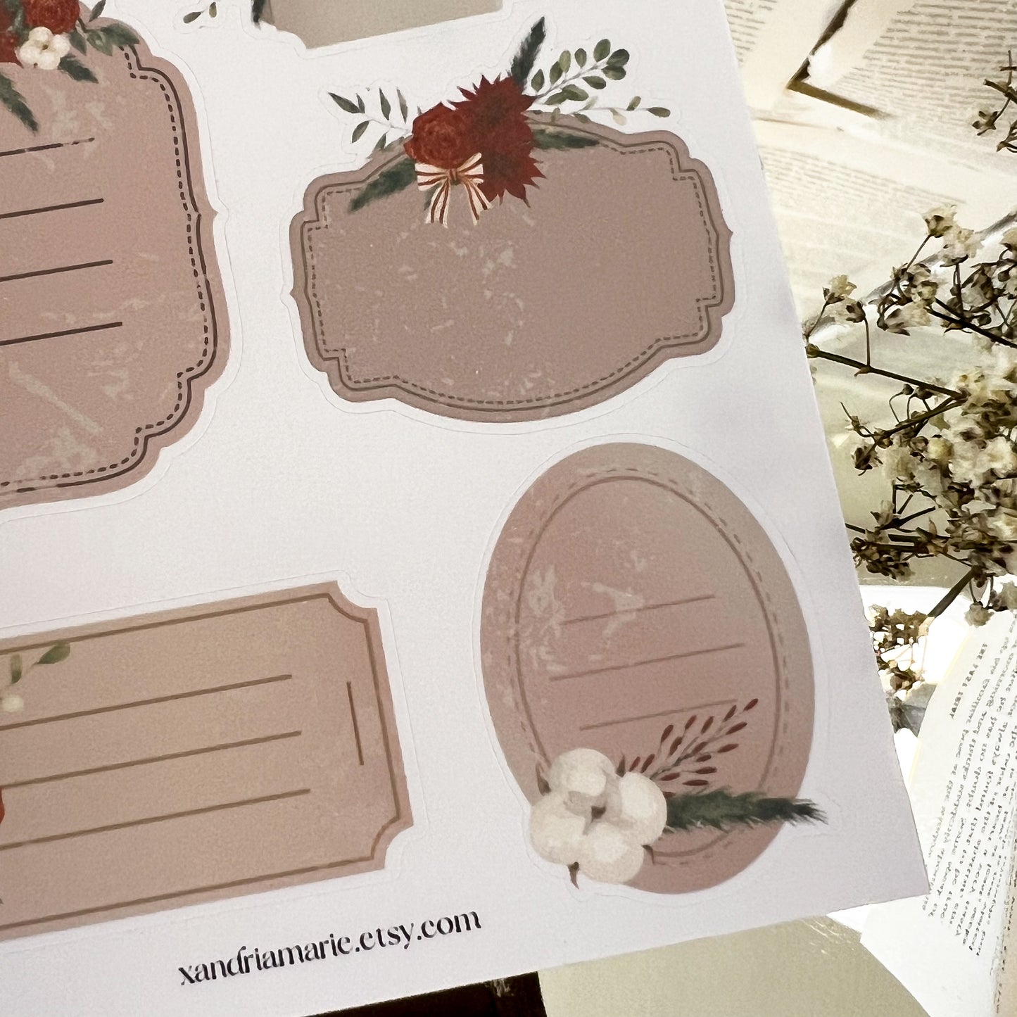 Holiday Floral Stickers, Christmas Tags Stickers, Christmas Sticker Sheet