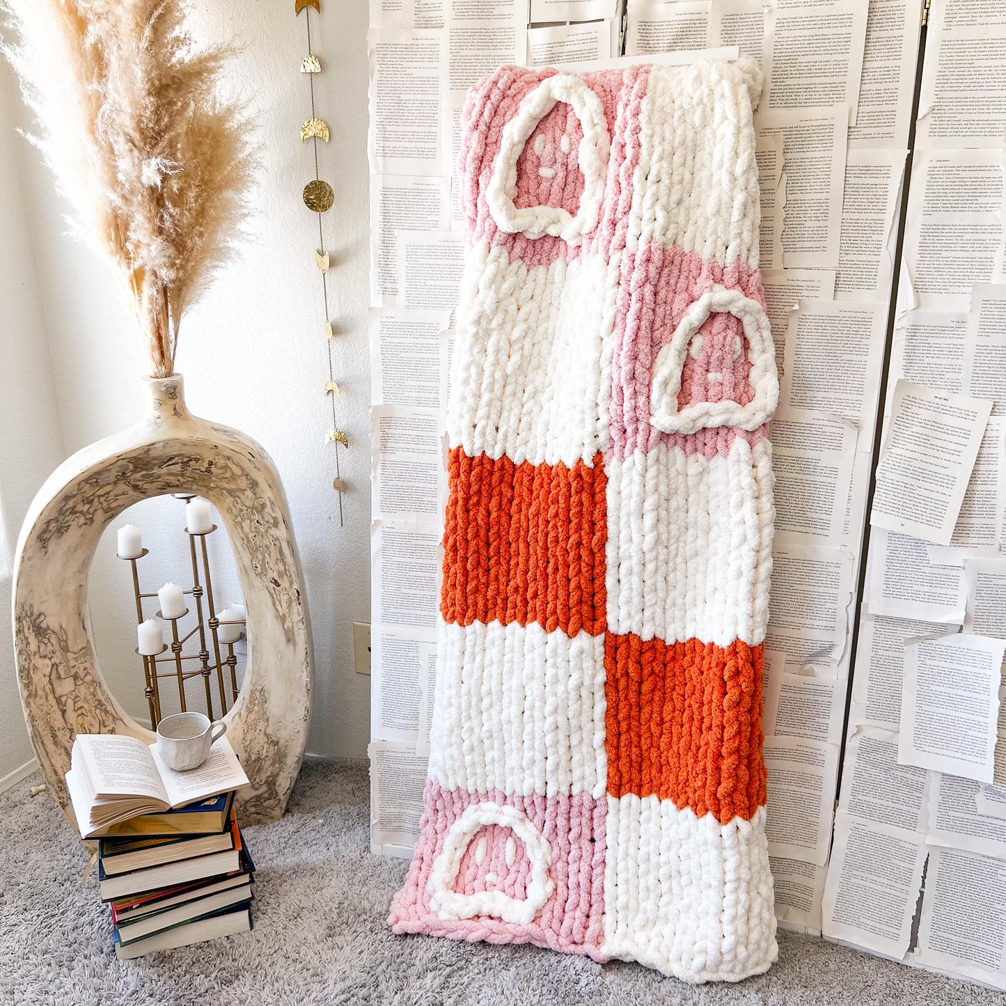 Pink & Orange Checkered Ghost Chunky Knit Chenille Blanket, Pink Halloween Blanket