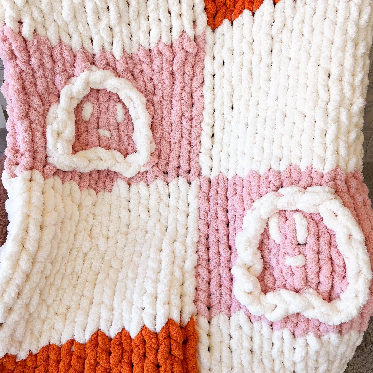 Pink & Orange Checkered Ghost Chunky Knit Chenille Blanket, Pink Halloween Blanket