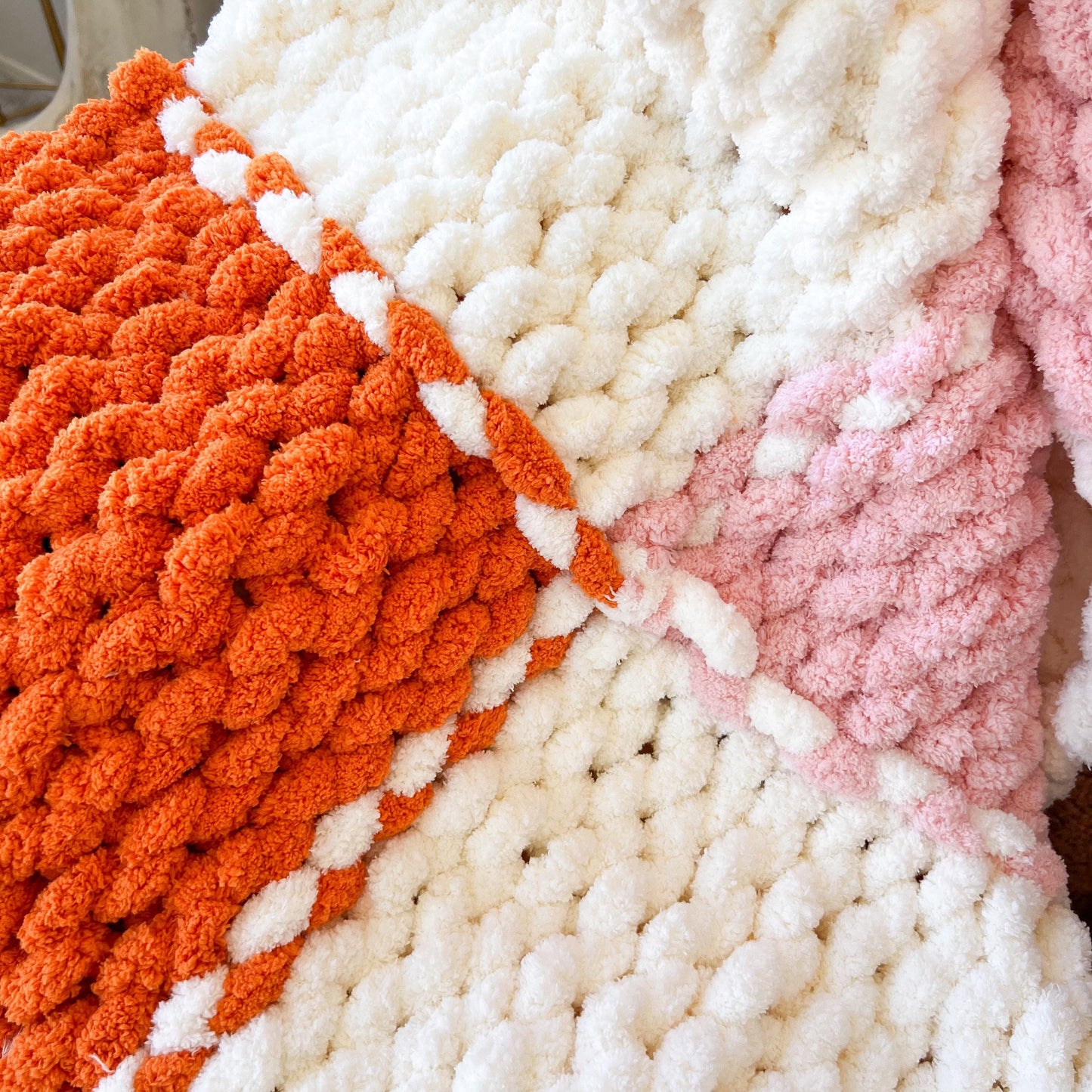 Pink & Orange Checkered Ghost Chunky Knit Chenille Blanket, Pink Halloween Blanket