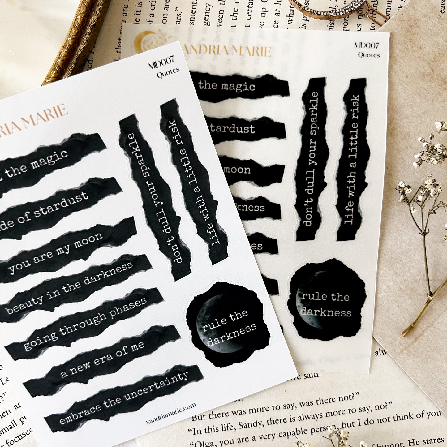 Ripped Quotes Sticker Sheet, Moon & Darkness Quotes Sticker Sheet