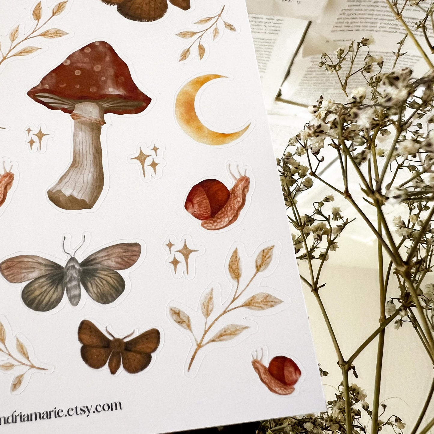 Mushroom & Moth Sticker Sheet, Moon Sticker Sheet