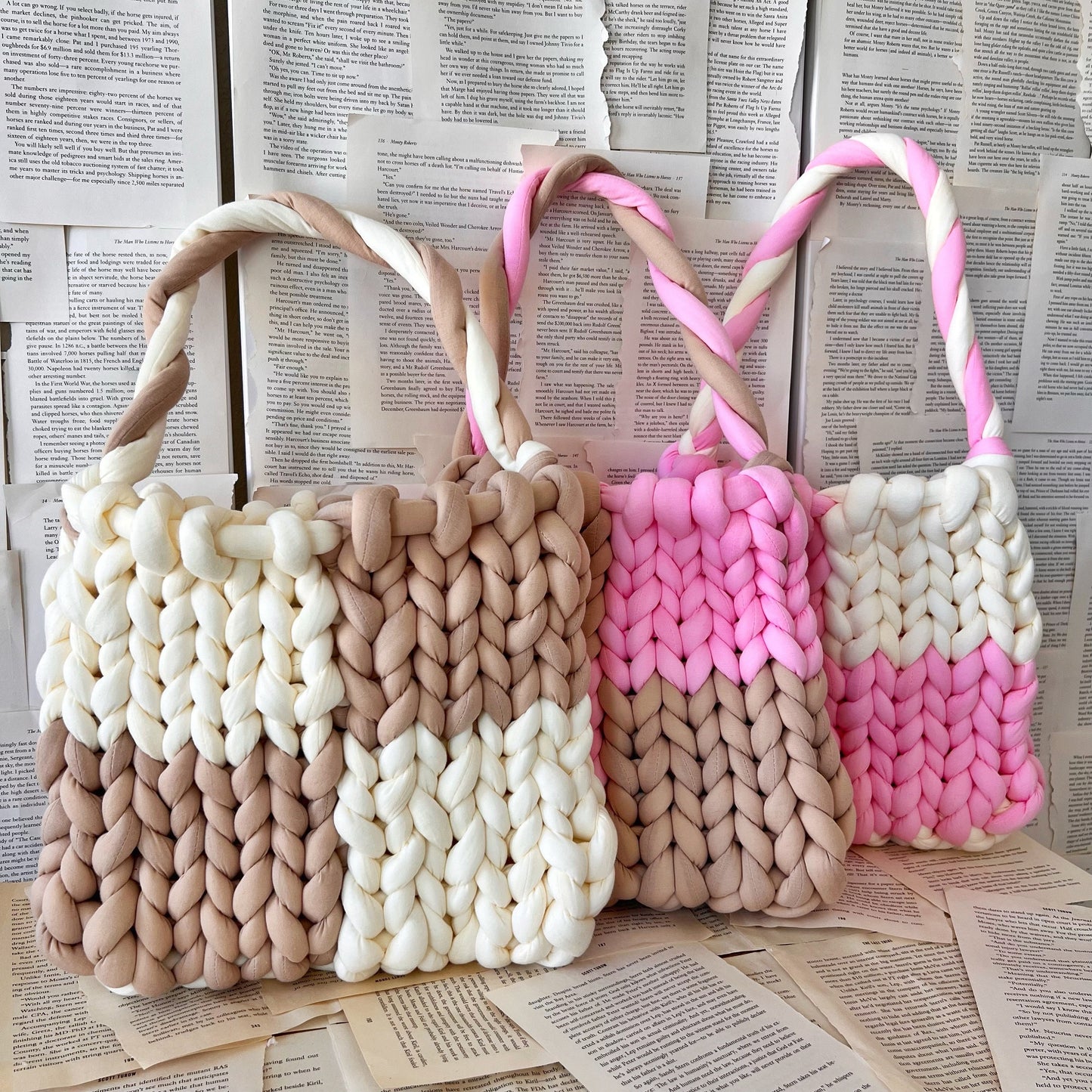 Pink and Coffee Brown Checkered Chunky Knit Bag