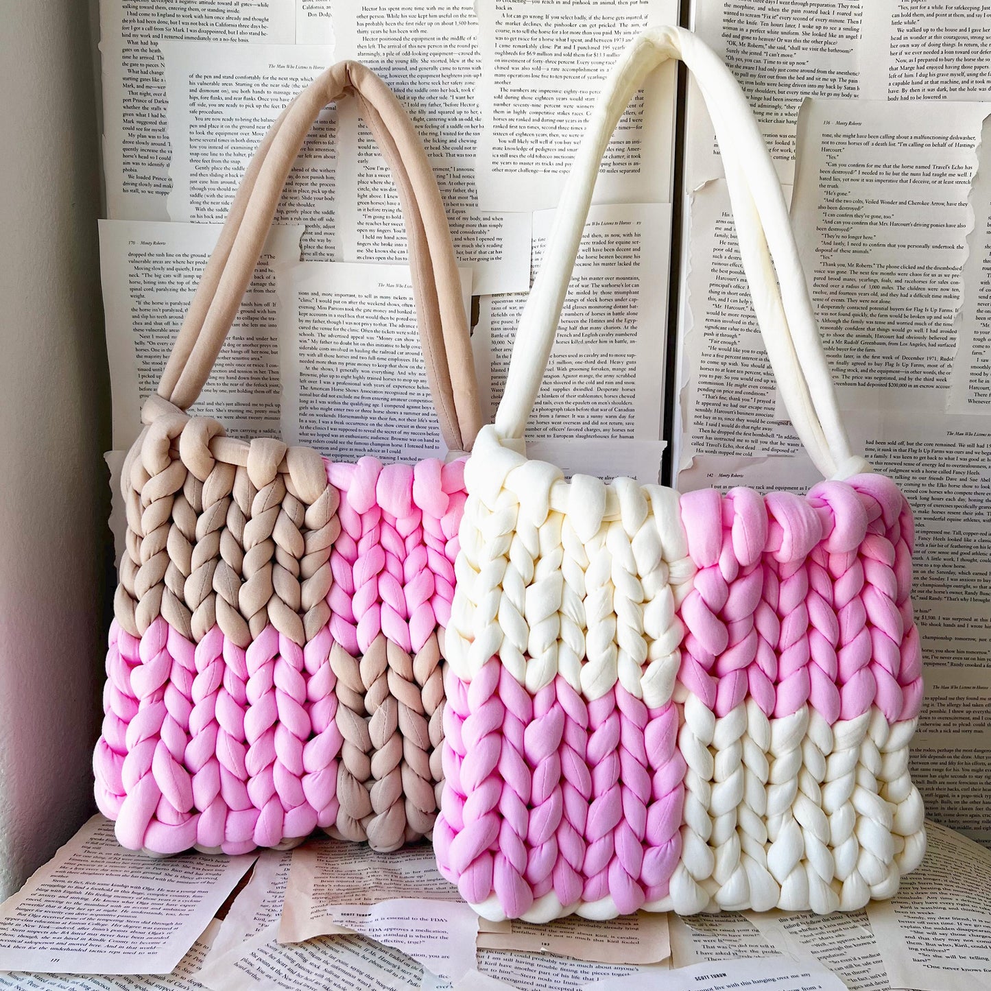 Pink and Coffee Brown Checkered Chunky Knit Bag