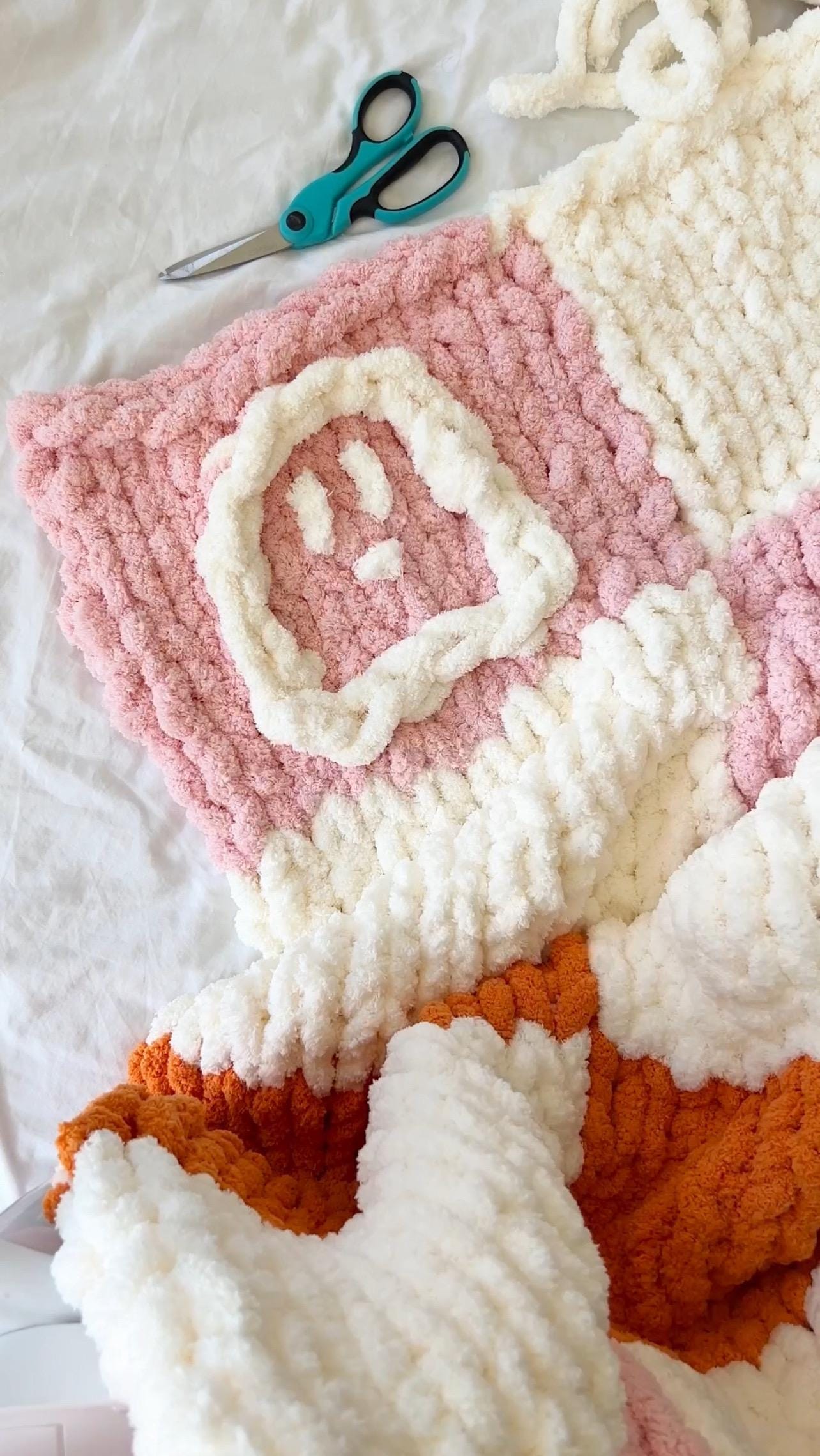 Pink & Orange Checkered Ghost Chunky Knit Chenille Blanket, Pink Halloween Blanket