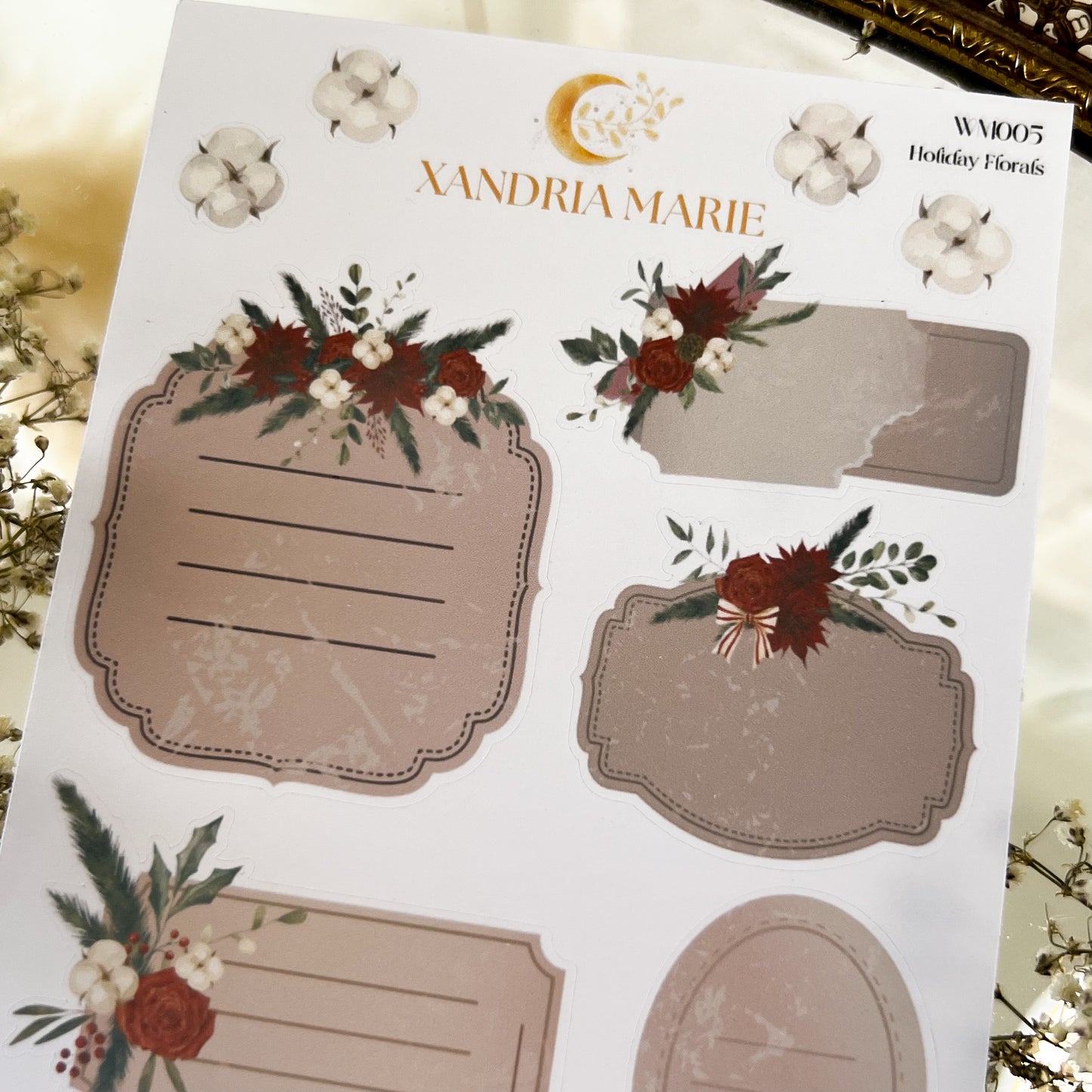 Holiday Floral Stickers, Christmas Tags Stickers, Christmas Sticker Sheet