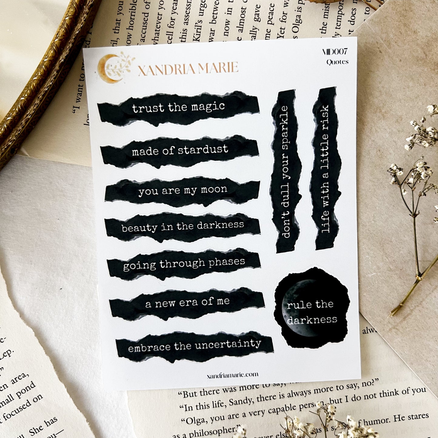 Ripped Quotes Sticker Sheet, Moon & Darkness Quotes Sticker Sheet