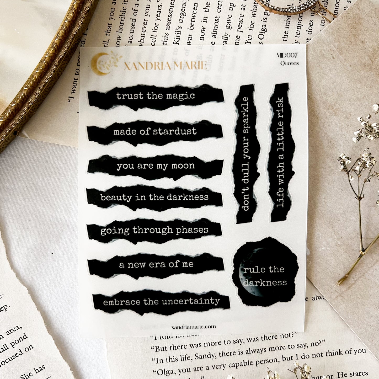 Ripped Quotes Sticker Sheet, Moon & Darkness Quotes Sticker Sheet