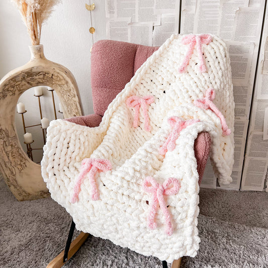 Bow Chunky Knit Cozy Blanket, Soft Chenille Throw Blanket