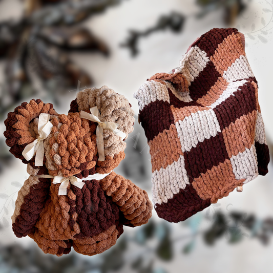 Butterscotch Checkered Chunky Knit Chenille Blanket Bear