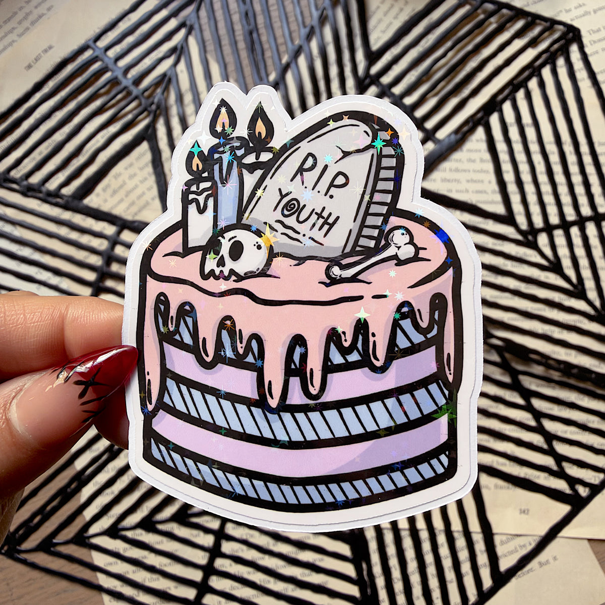 Spooky BDay Cake Holographic Diecut Vinyl Sticker