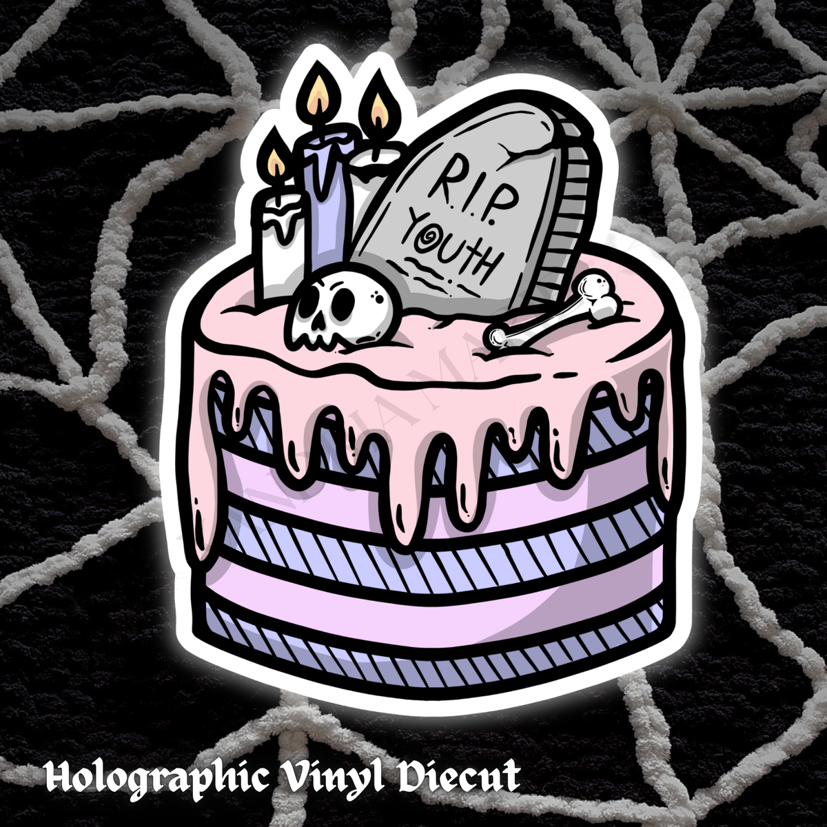 Spooky BDay Cake Holographic Diecut Vinyl Sticker