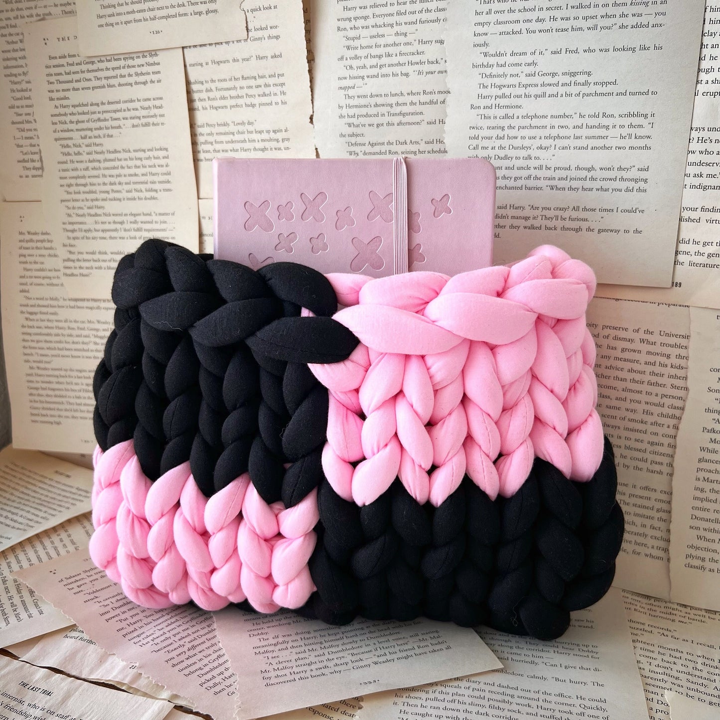 Pink & Black Checkered Chunky Knit Planner Pouch