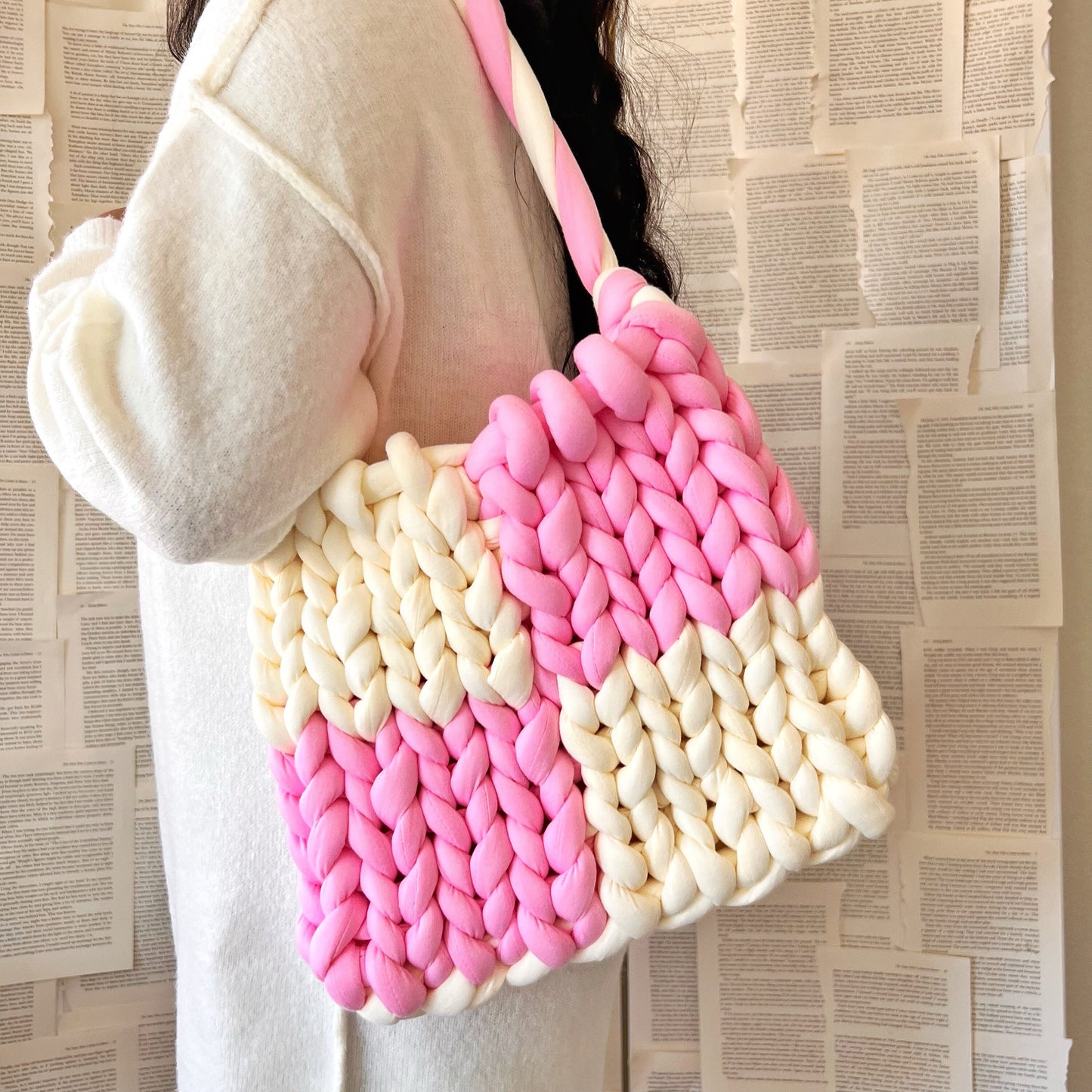 Pink and Milky White Checkered Chunky Knit Handbag