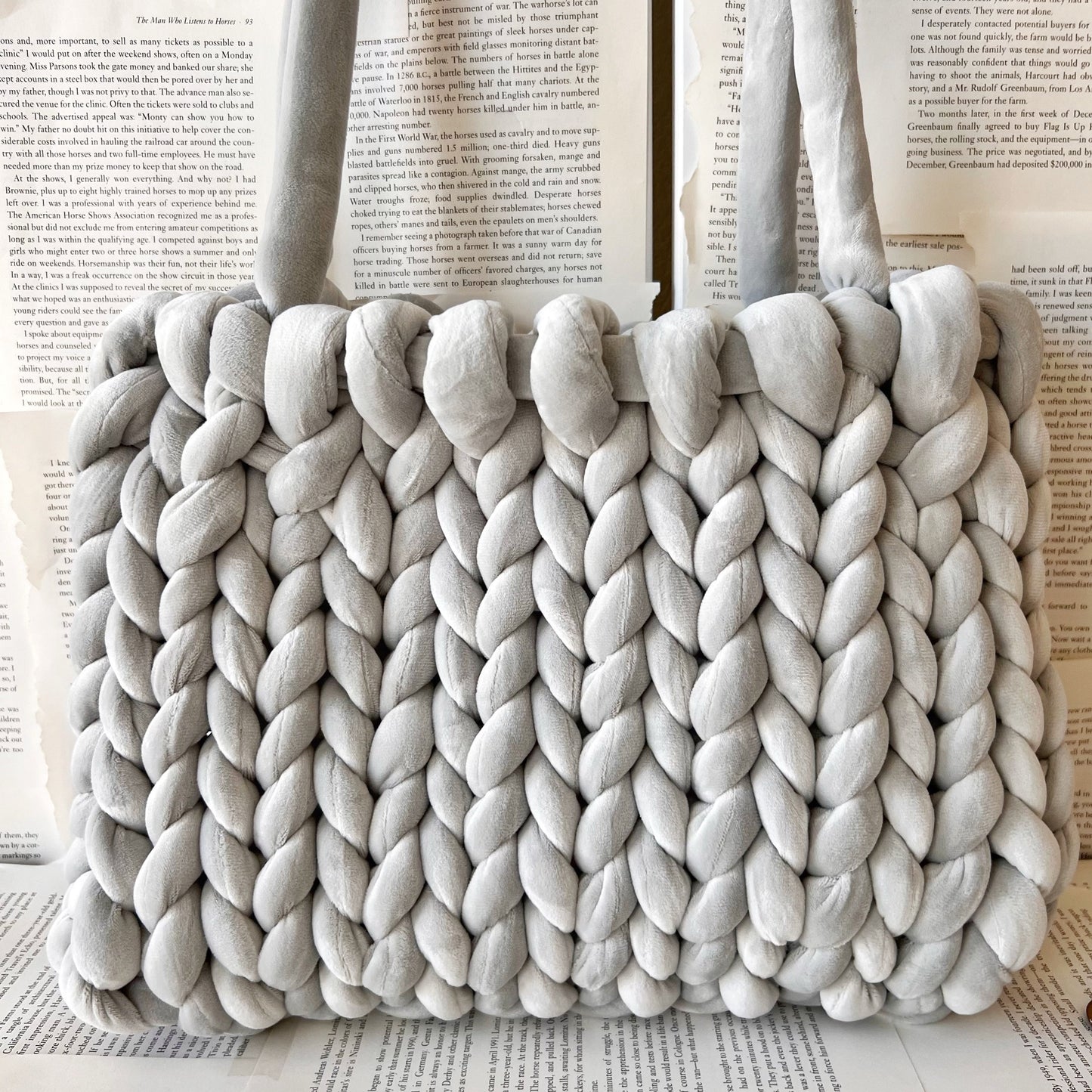 Light Grey Super Soft Velvet Chunky Knit Bag