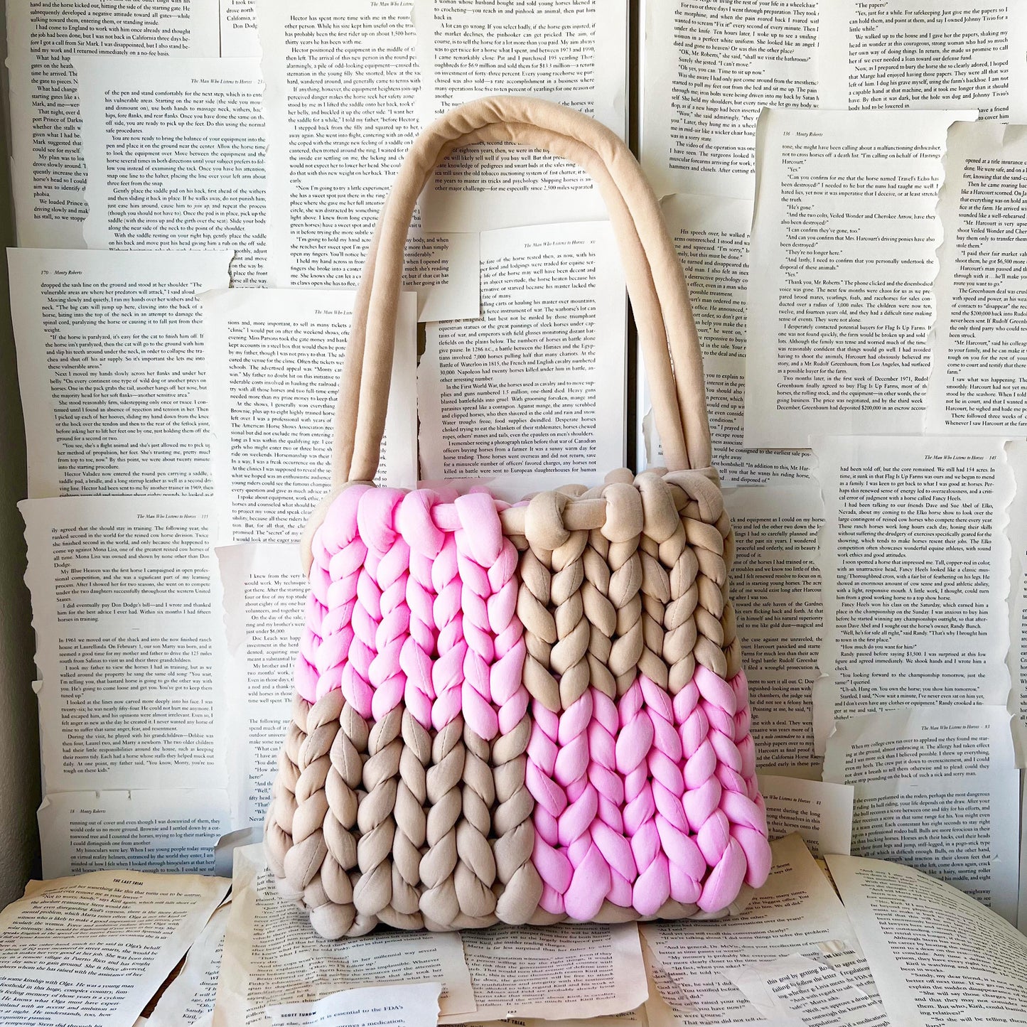 Pink and Coffee Brown Checkered Chunky Knit Bag