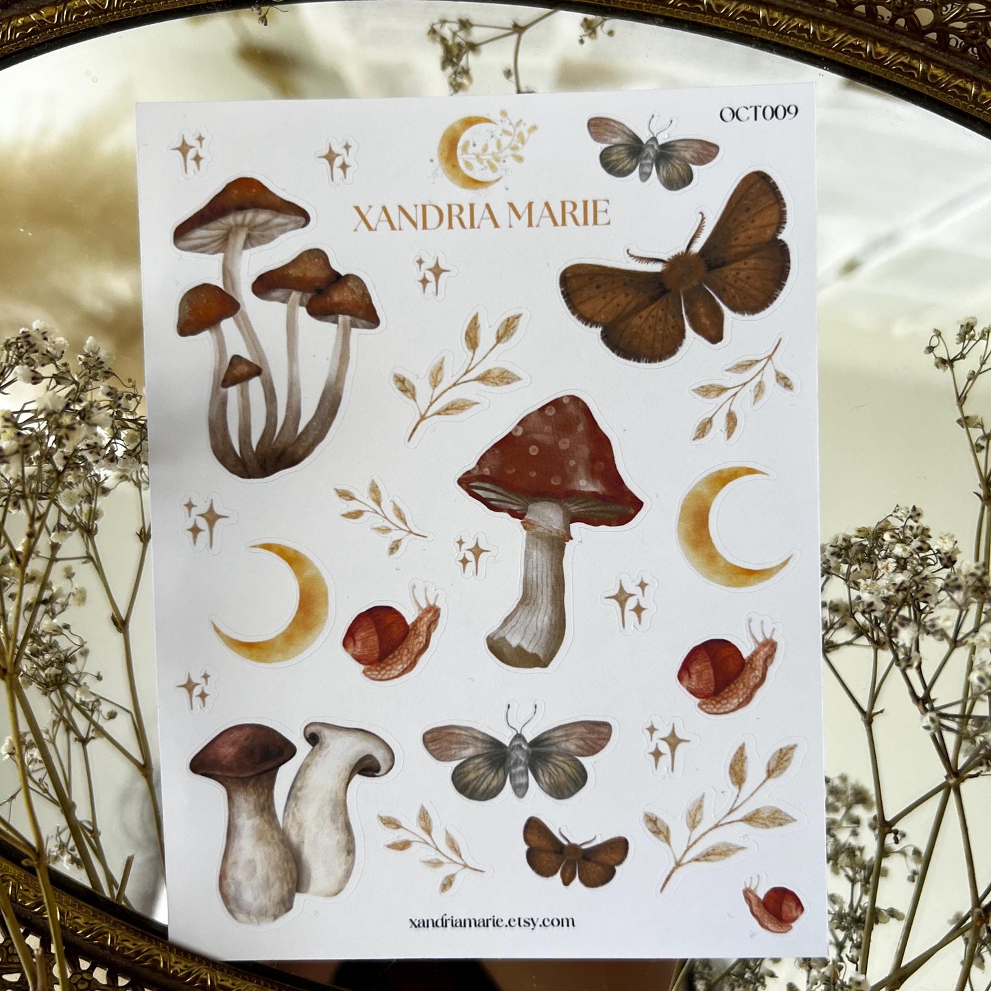 Mushroom & Moth Sticker Sheet, Moon Sticker Sheet