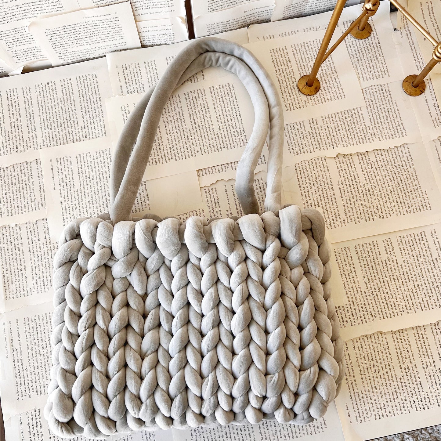 Light Grey Super Soft Velvet Chunky Knit Bag