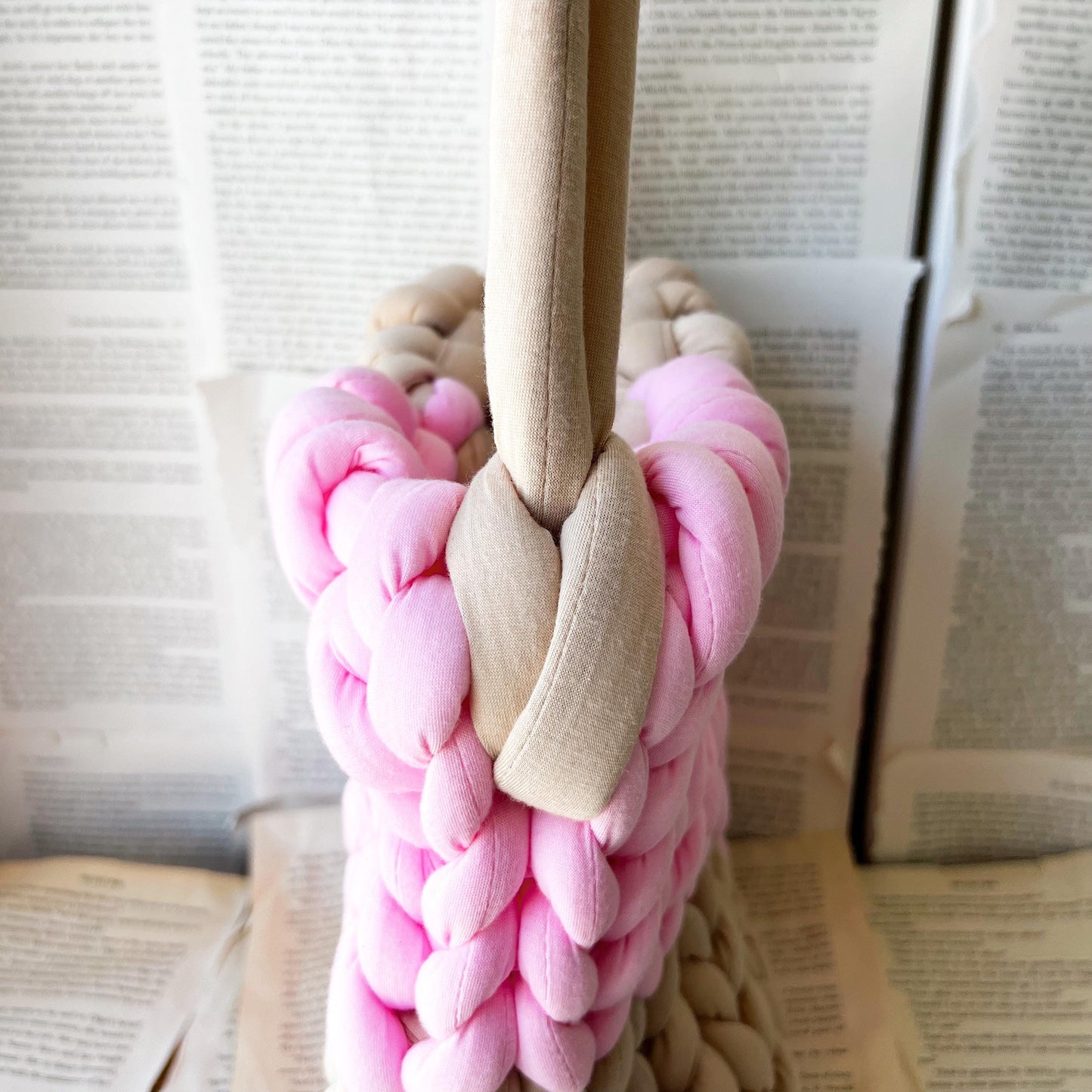 Pink and Coffee Brown Checkered Chunky Knit Bag