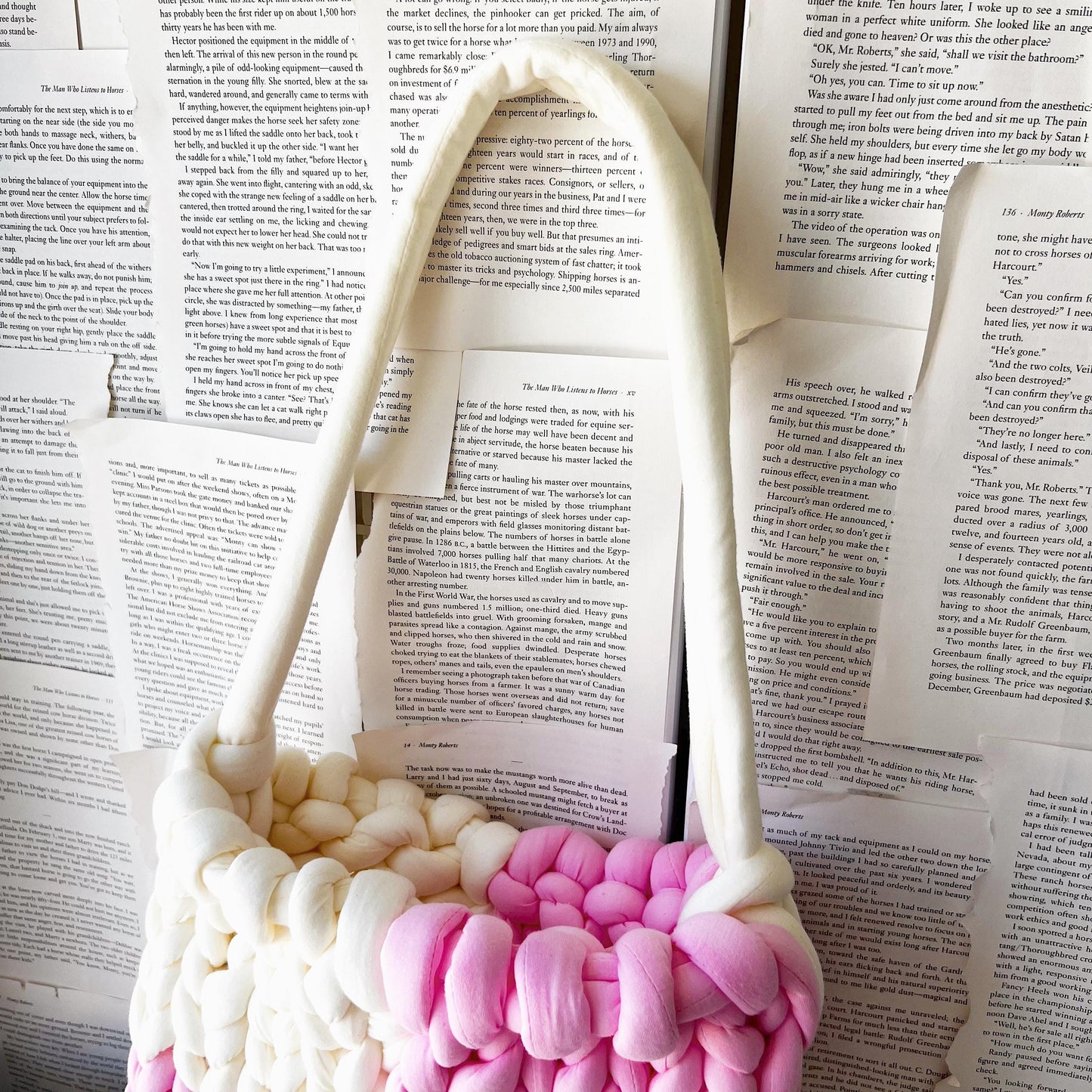 Pink and Milky White Checkered Chunky Knit Handbag