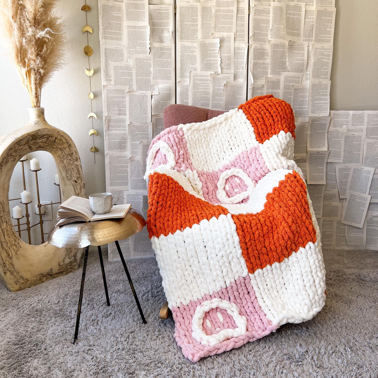 Pink & Orange Checkered Ghost Chunky Knit Chenille Blanket, Pink Halloween Blanket